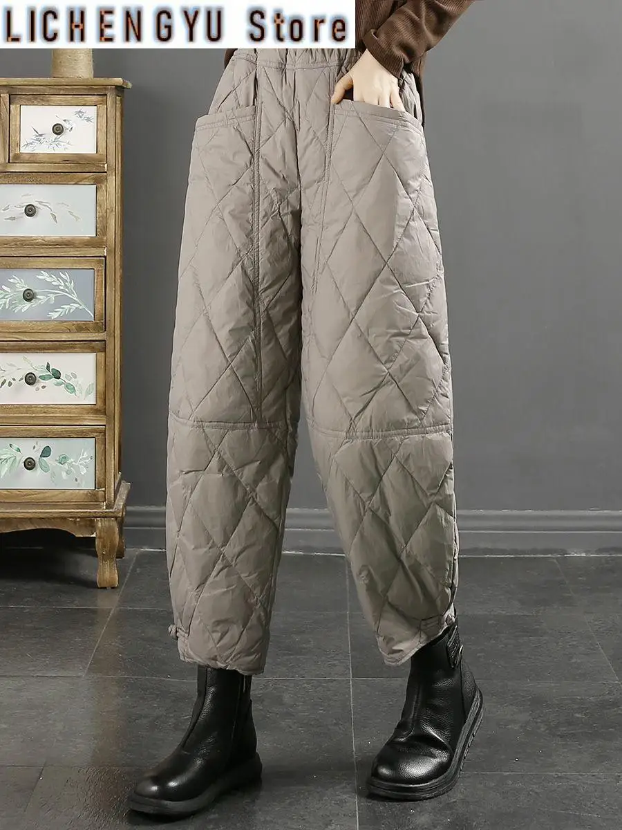 New Percentile 90 Duck down Winter Loose Solid Color Rhombus Line Windproof Thermal down Pants down Cotton Casual Pants