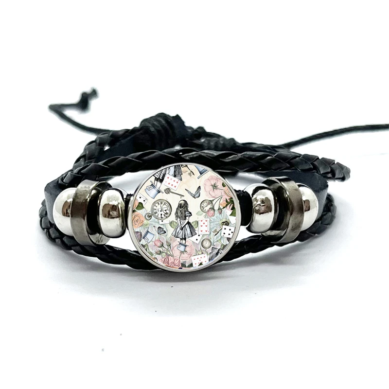Alice In Wonderland Wonderland Garden Leather Bracelet Cartoon Glass Cabochon Button Multilayer Bangles Wristband Gift 6