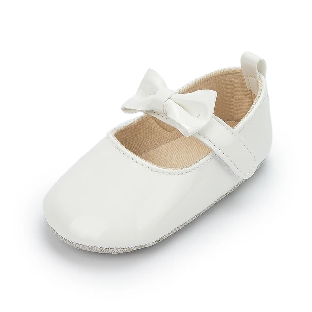 Newborn Baby Shoes Baby Boy Girl Shoes Girl Classic Bowknot Rubber Sole Anti-slip PU Dress Shoes First Walker Toddler Crib Shoes White2