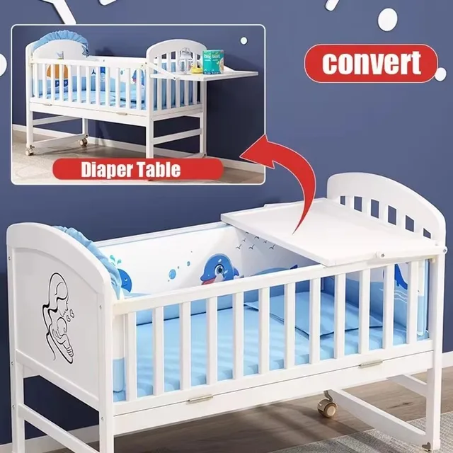 Wood Baby Crib With Mosquito Net And Diaper Table Convert To Kids Bed, Bedding Set, Baby Cot, Bed, Rocker Mattress 4