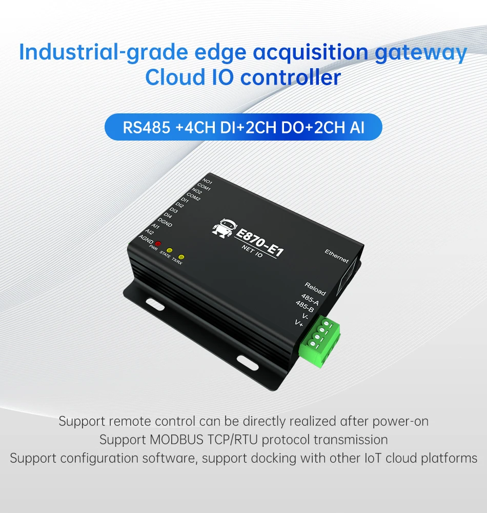 Remoto, Modbus, RS485, 4DI, 2DO, 2AI, CDSENET, E870-E1, TCP, RTU, MQTT, PDF