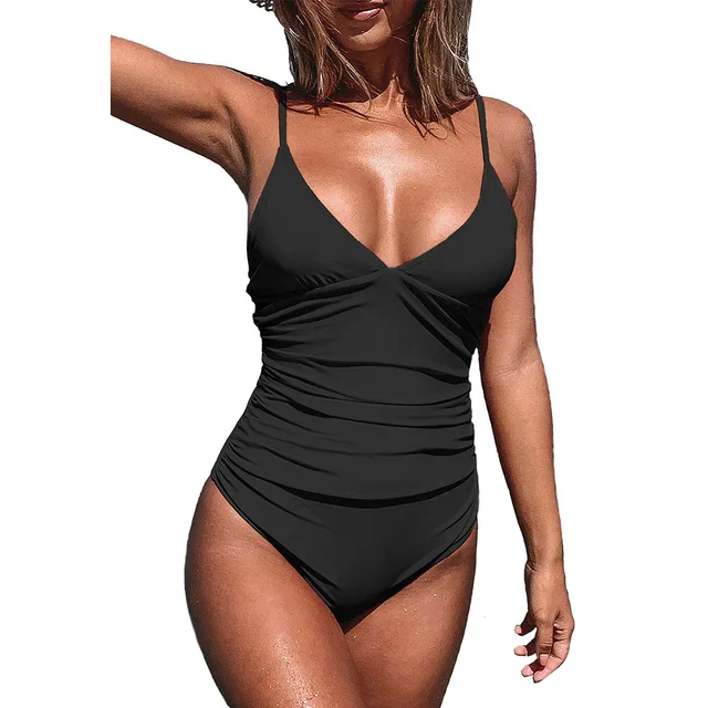 Women's One Piece Swimsuit Tummy Control V Neck Ruched Push Up Padded Bathing Suits Summer Beach Swiwear 1