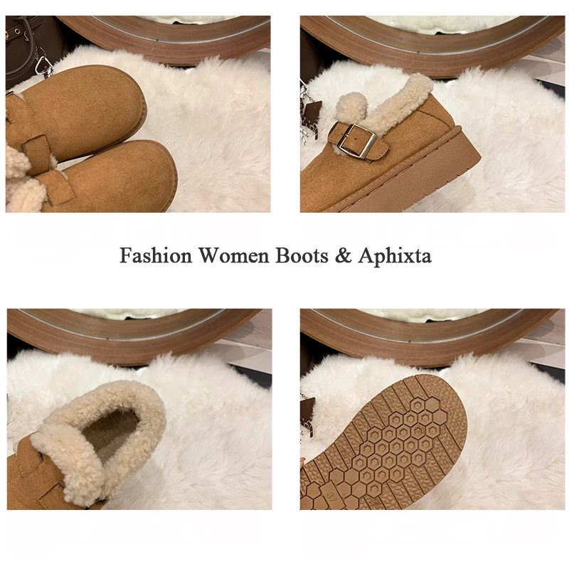 APHIXTA 2025 Camel Platform 4.5cm Thick Sole Shoes Women Winter Plush Snow Boots Woman Warm Ankle Boots Buckle Size 35-40