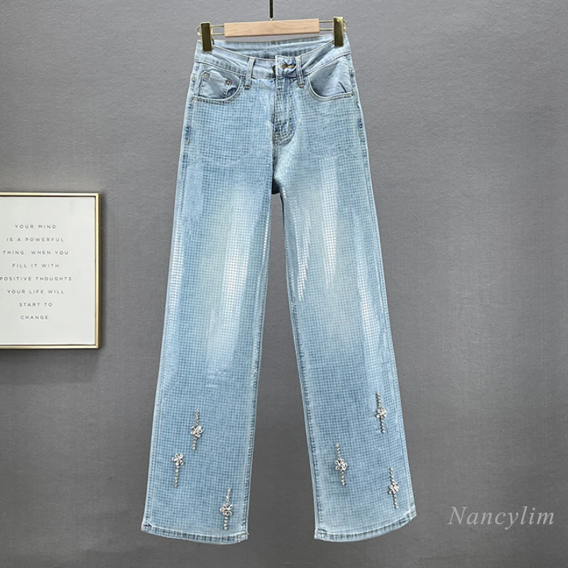 

Exquisite Rhinestone Wide-Leg Jeans Women's Thin Blue Denim Pants 2024 Summer New High Waist Loose and Slimming Mop Pants