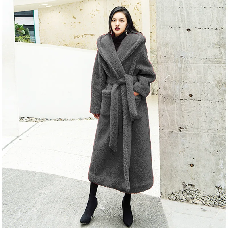 New Faux Fur Coat Women Warm Long Fur Coats Fluffy Jacket Luxury Brand Pockets Suit Collar Lace-up Chic Robe Solid Long Sleeve