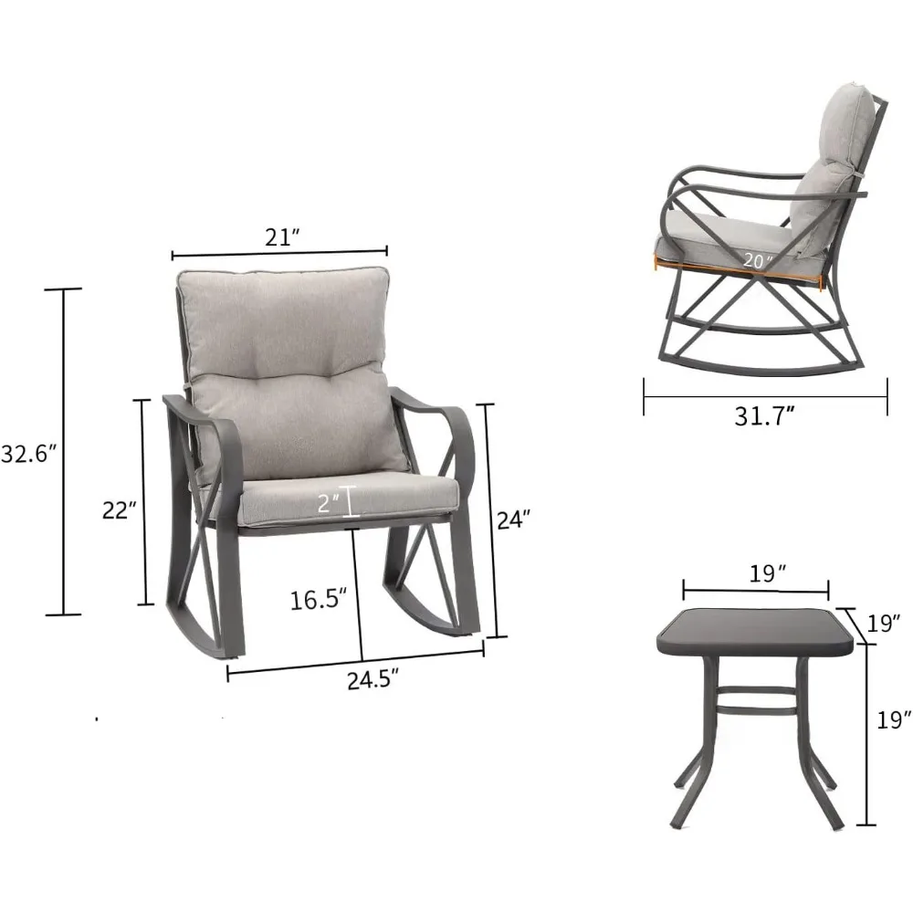 3 Piece Bistro Set Patio Rocking Chairs Outdoor Furniture w Warm Gray Cushions, Glass-Top Table for Garden, Pool, Backya 3
