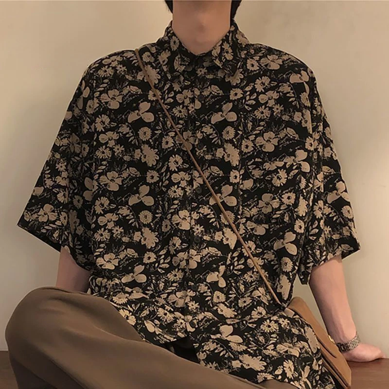 

E-BAIHUI Floral Print Shirts for Men Summer Loose Casual Short Sleeve Men Clothing Coats Turn-down Collar Japan Style Men Shirt