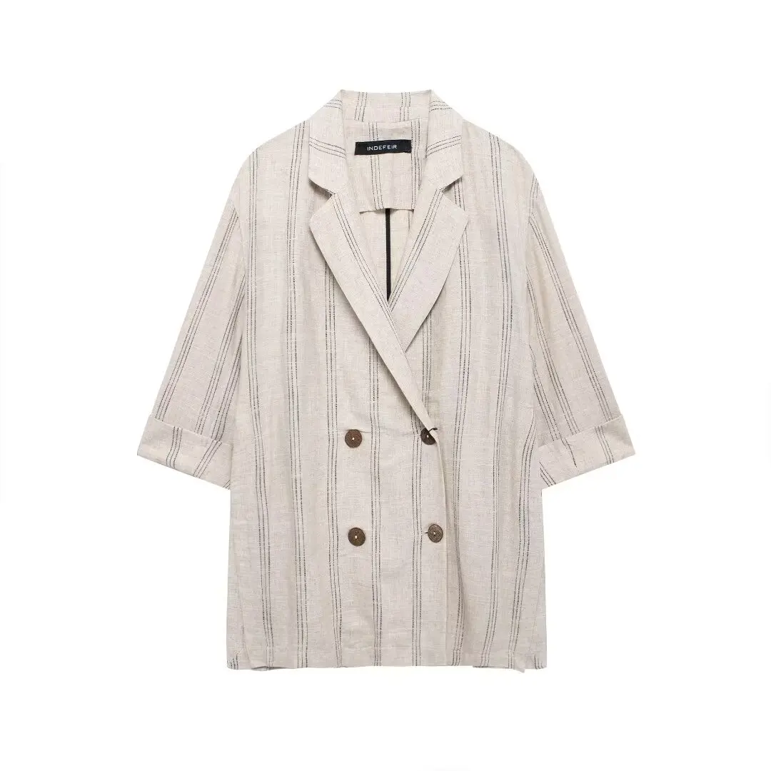 thumbnail image 1 of Conjunto de 2 piezas de verano para mujer HH TRAF, pantalones de mujer con cintura elástica y bolsillos laterales, blazer de rayas de mezcla de lino, 1 of 5