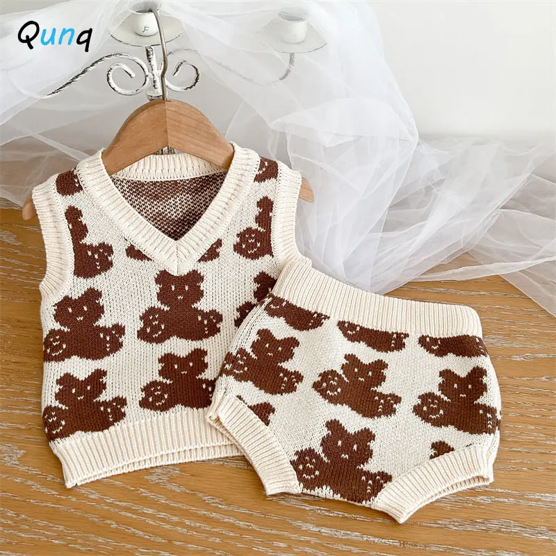 Qunq 2022 Autumn New Korean V Neck Boys And Girls Knit Cartoon Bear