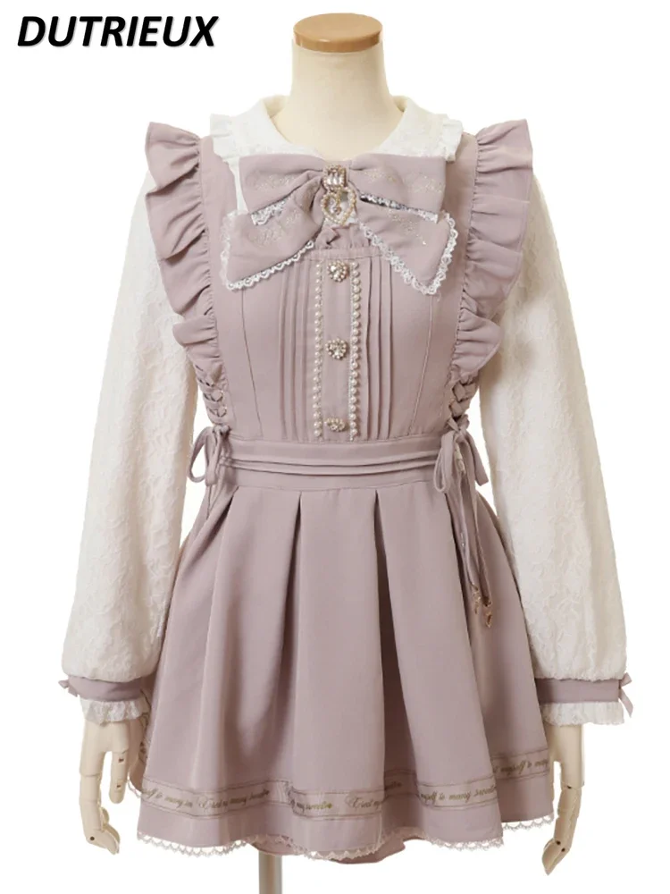 

Mine Mass-Produced Japanese A- Line Midi Dress Set Women Lolita Sweet Bow Elegant Ruffles Long Sleeve Dress Shorts 2-Piece Sets