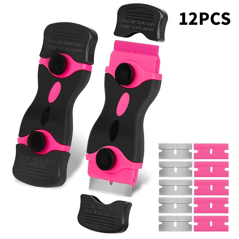 12pcs Pink Double Sided Scraper Tool With Spare Blade Wall Door Window Label Sticker Glue Residue Cleaning