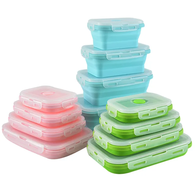5 Sizes Collapsible Lunch Box Silicone Food Storage Container Microwavable Portable Picnic Camping Rectangle Colorful Bento Box 6