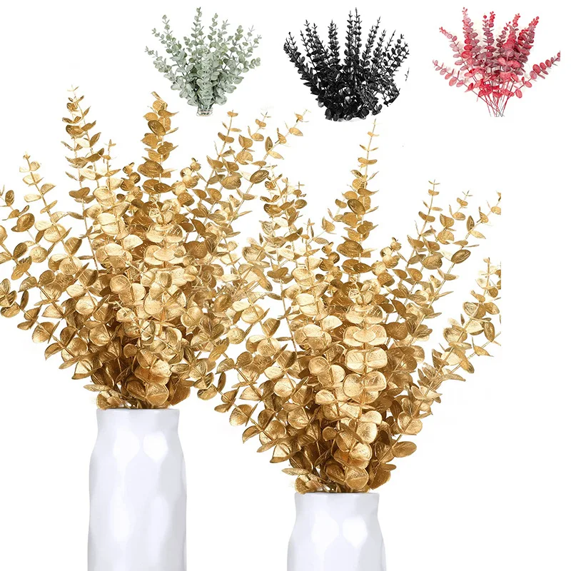 

10 pcs Artificial flower golden eucalyptus leaves fake leaf stem autumn decoration plant wedding DIY flower arrangement