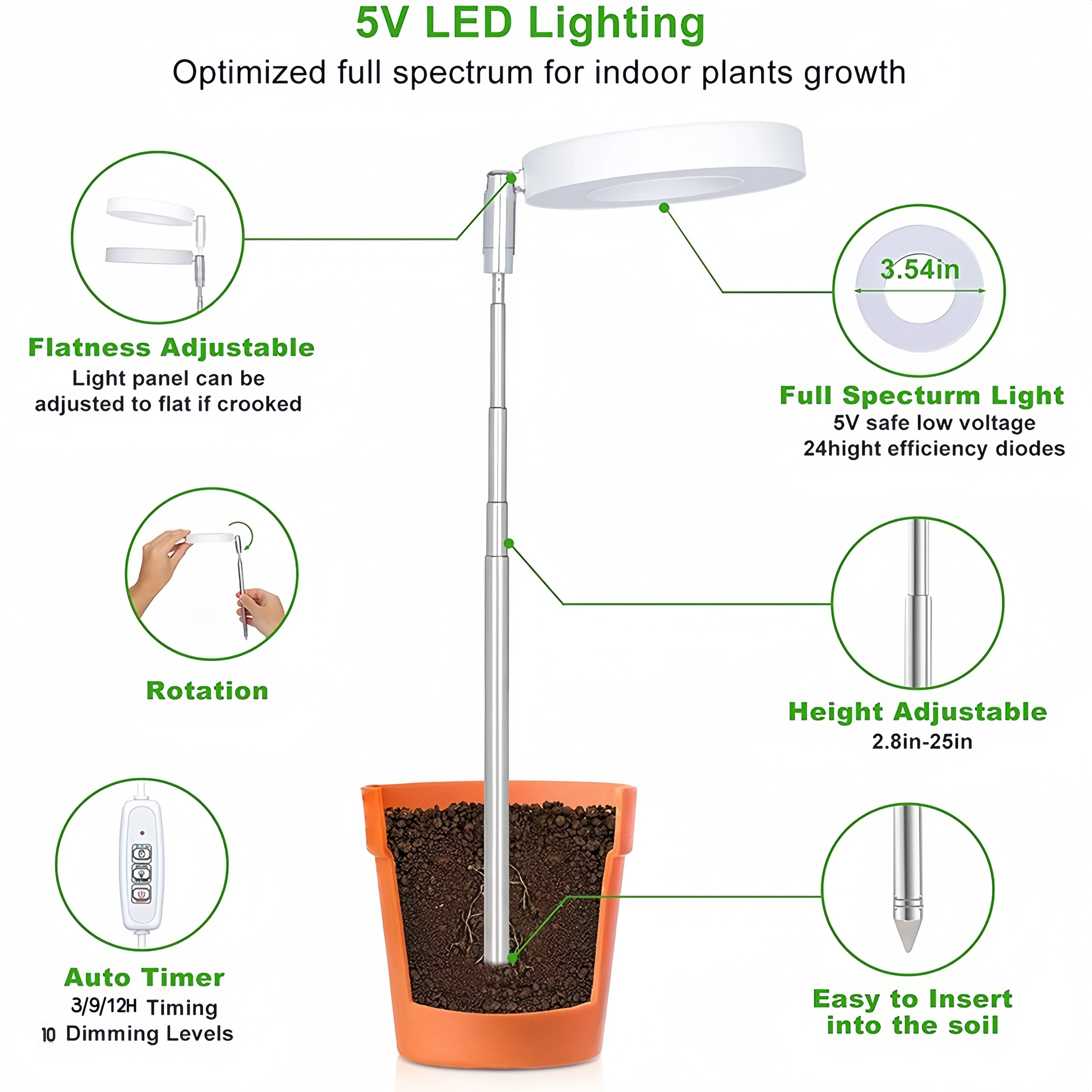 Adjustable Full Spectrum LED Grow Light with Automatic Timer