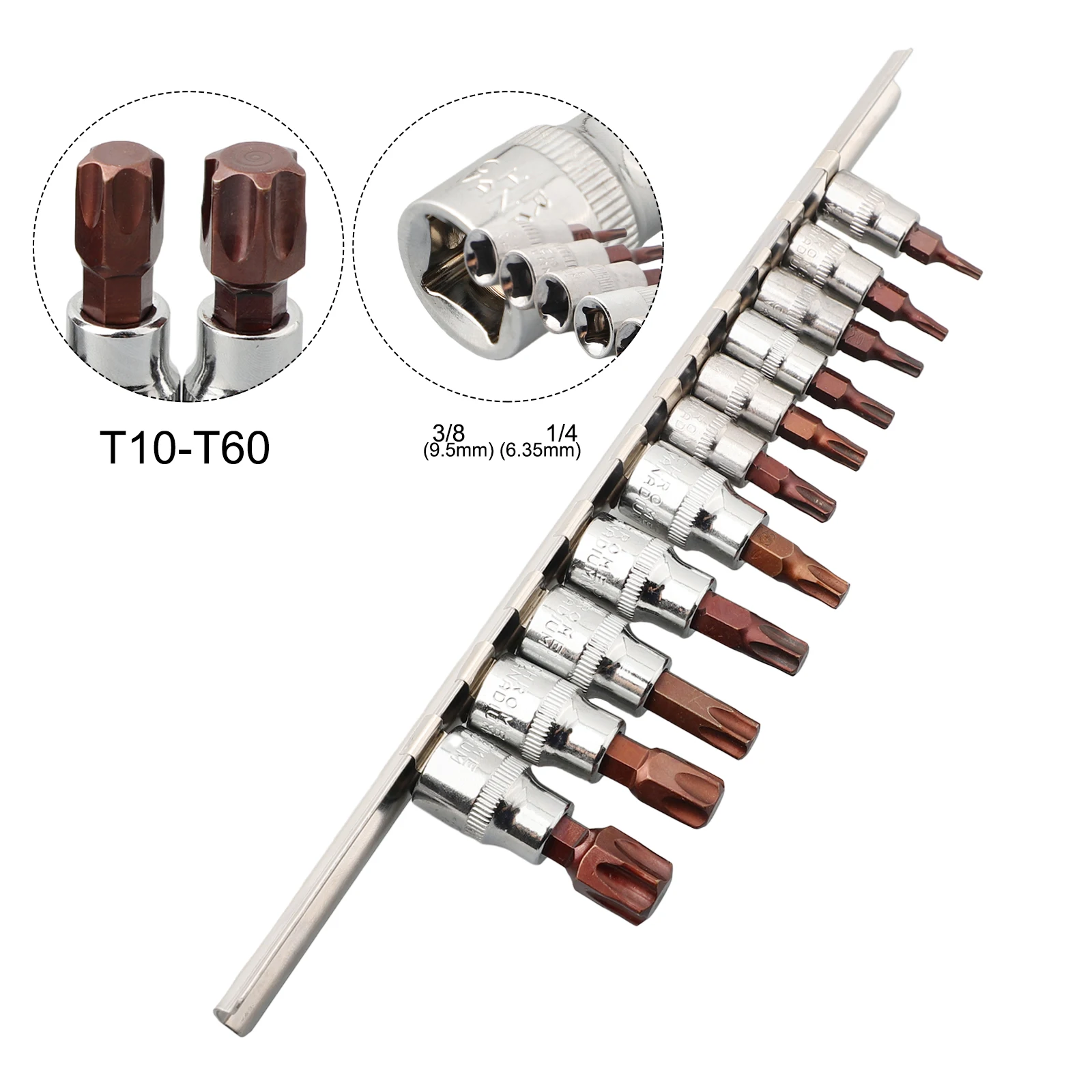 

11PCS 3/8 1/4inch =Drive =Alloy ==Torx Screwdriver Bits Socket Bit Chrome Vanadium Steel Press-fit Sleeve T10-T60 Hand Tool