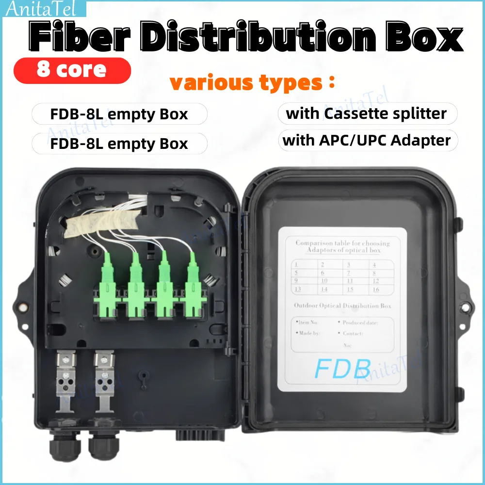 8 core Fiber Optic Distribution Box uncut cable port Outdoor 1:8 splitter nap box Cassette Distribution Box with APC/UPC adapter 2 pcs 1x8 plc fiber splitter mini plug in type single mode with sc connector cassette card inserting