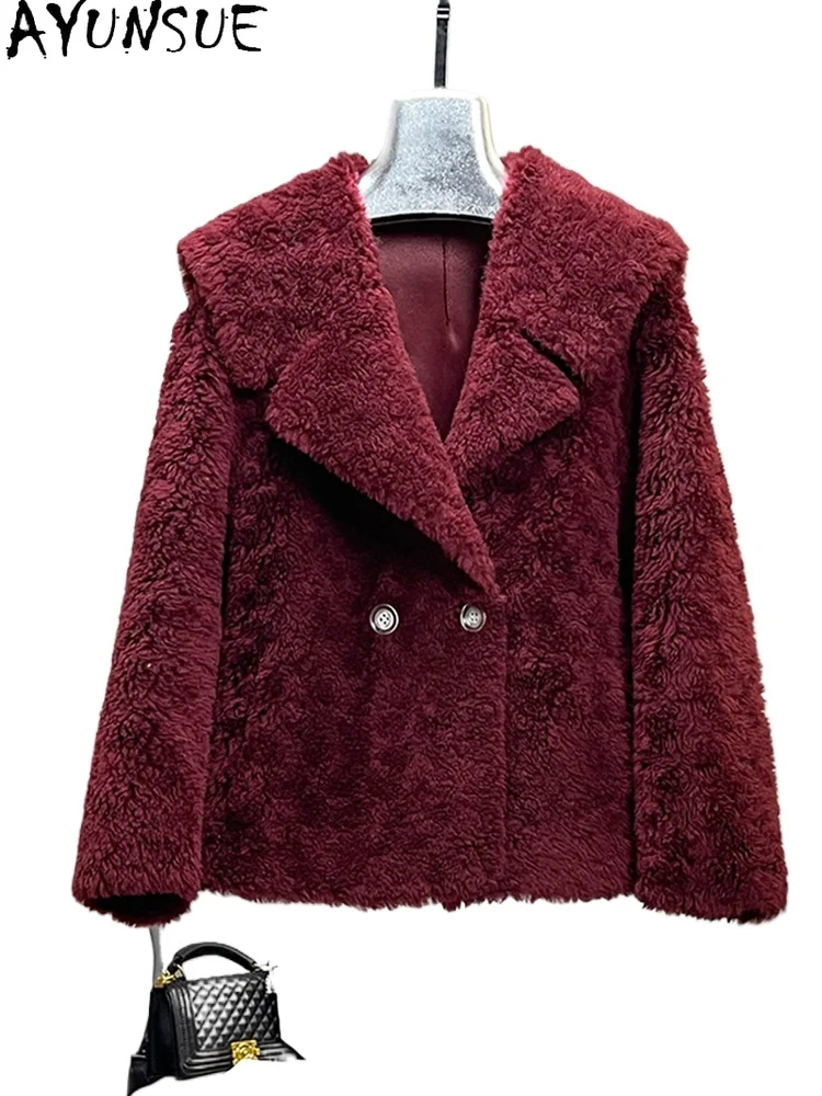 AYUNSUE 96%Wool 2024 Winter New Lamb Wool Granular Velvet Sheep Trimming Fur Integrated Coat Navy Collar Fur Coat LJ1217