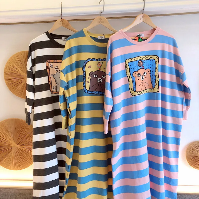 Women Nightgowns Cotton Nightdress Striped Sleepdress Home Clothes Nightwear Long Sleeve Sleepwear Loose Soft O-Neck Homewear