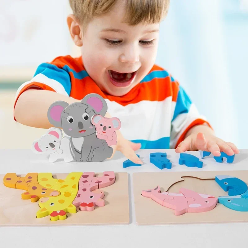 3D Wooden Puzzles Cartoon Animals Early Learning Cognition Intelligence Educational Puzzle Games for Children Montessori Toys 3