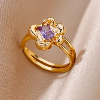 Zircon Rings for Women 18K Gold Color Jewelry Stainless Steel Fashion Accessories Irregular Flower Love Adjustable Couple Rings 4