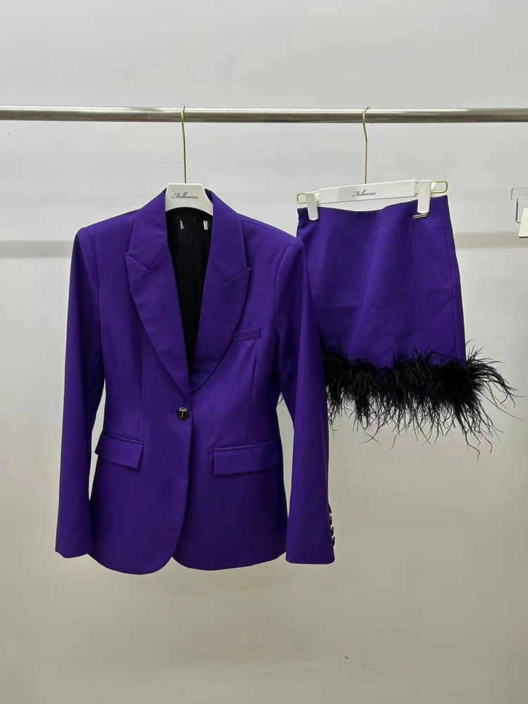 

HIGH STREET Newest 2023 Fashion Designer Runway Suit Set Women Slim Single Button Feather Embellished Blazer Mini Skirt Suit