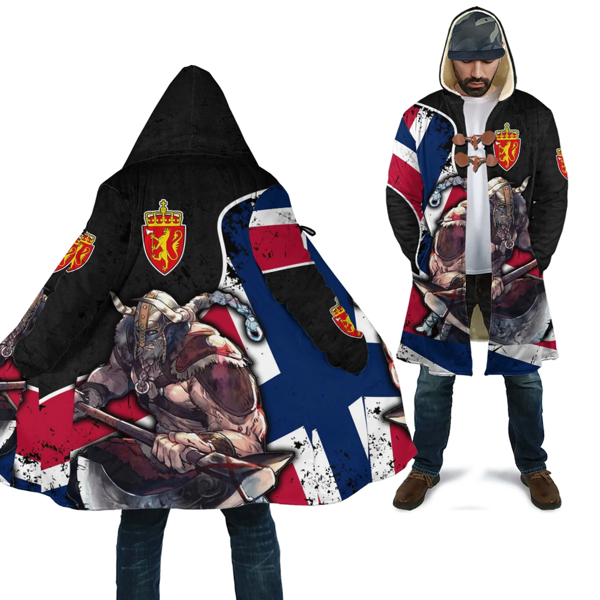 Norway & Sweden & Iceland &Denmark Warriors Tattoo 3D Printed Men's Fleece Hooded Cloak Unisex Casual Thick Warm Cape coat PF103 warriors native wolf cloak 3d printed winter hooded cloaks fleece wind breaker unisex warm overcoat