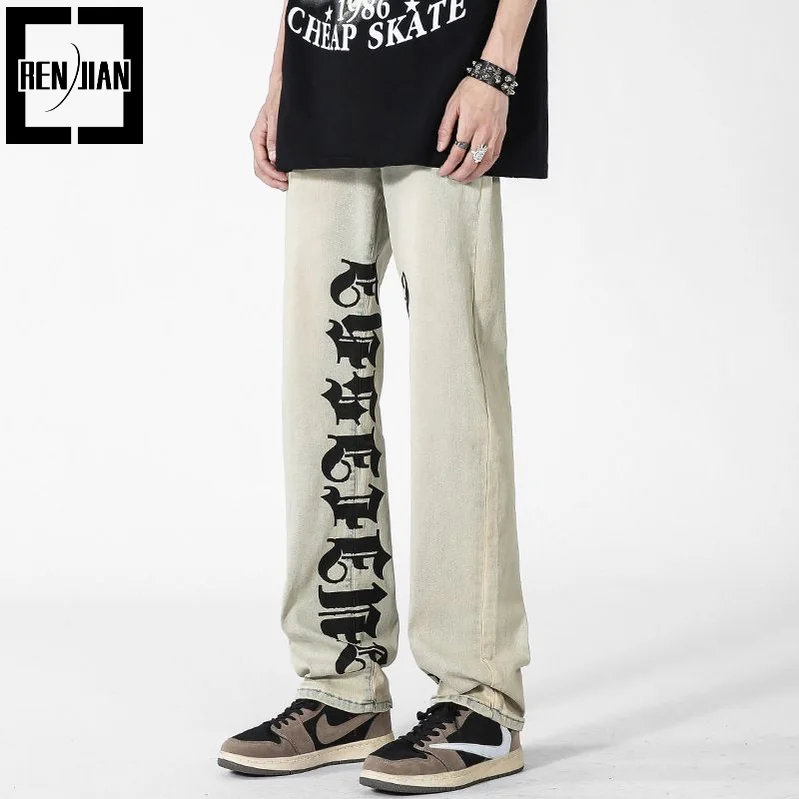 

Men's Fashion High Street Hip Hop Jeans Pants Letter Printed Loose Fit Y2K Vintage Denim Trousers Baggy Retro Washed Bottoms