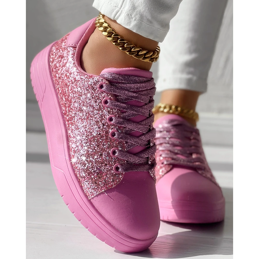 Bling Bling Sequins Decor Lace-up Flats Sneakers for Women Daily Casual Round Toe Pink Sports Shoes Spring Going Out Flats