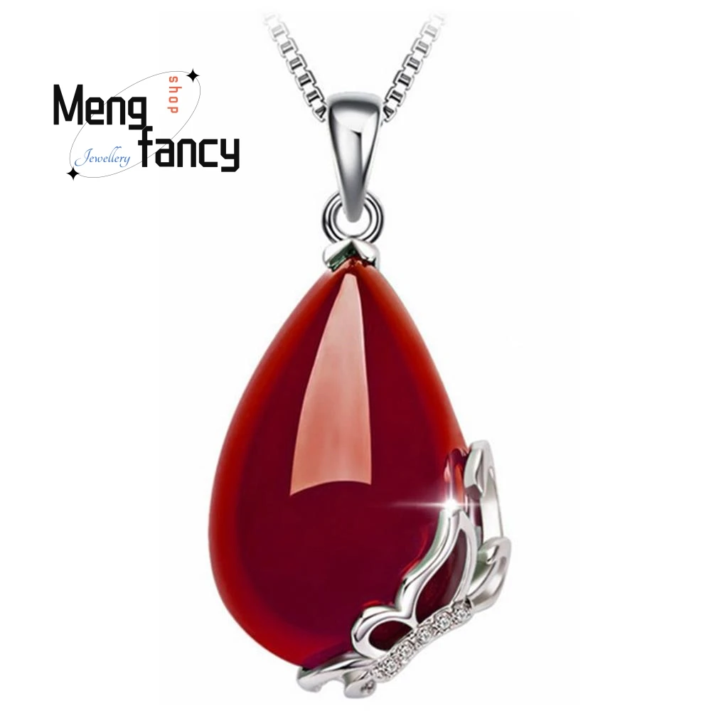 Natural Green Jade Chalcedony Water Drop Pendant 925 Silver Necklace Fashion Charms Jewelry Amulets Souvenir Women Holiday Gifts