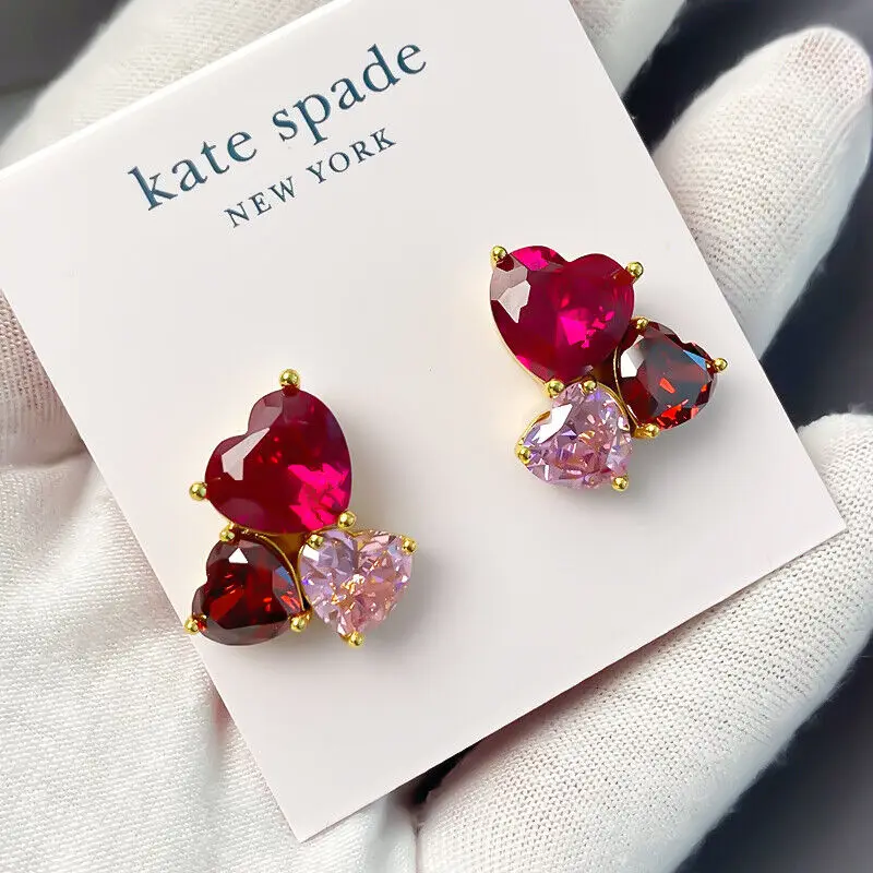 

NEW Heart Stud Earrings Red Gold Tone Cubiz Zirconia Cluster Jewelry