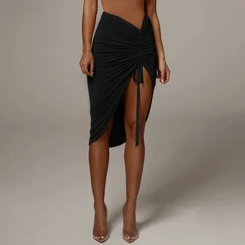 Women New Asymmetrical Shirring Skirt High Waist Pleated Fashion Pencil Skirt Summer Solid Wrap Hip Sexy Slim Irregular Skirts