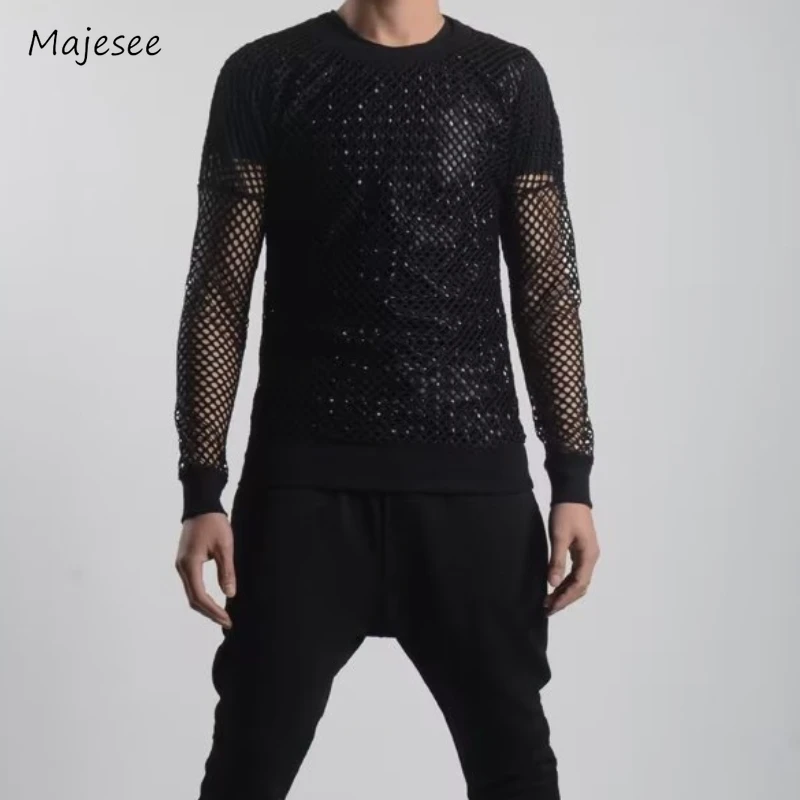 

Футболка мужская дышащая с длинным рукавом, Повседневная дышащая сетчатая модная однотонная ажурная футболка в Корейском стиле для подростков, весна-лето