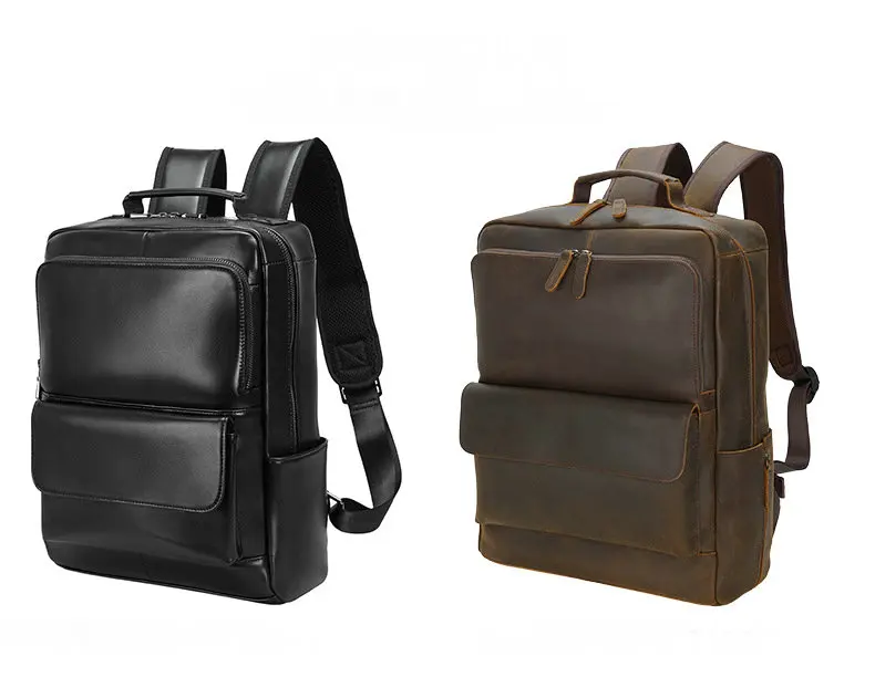 Unisex Black Leather Laptop Backpack Purse Bag