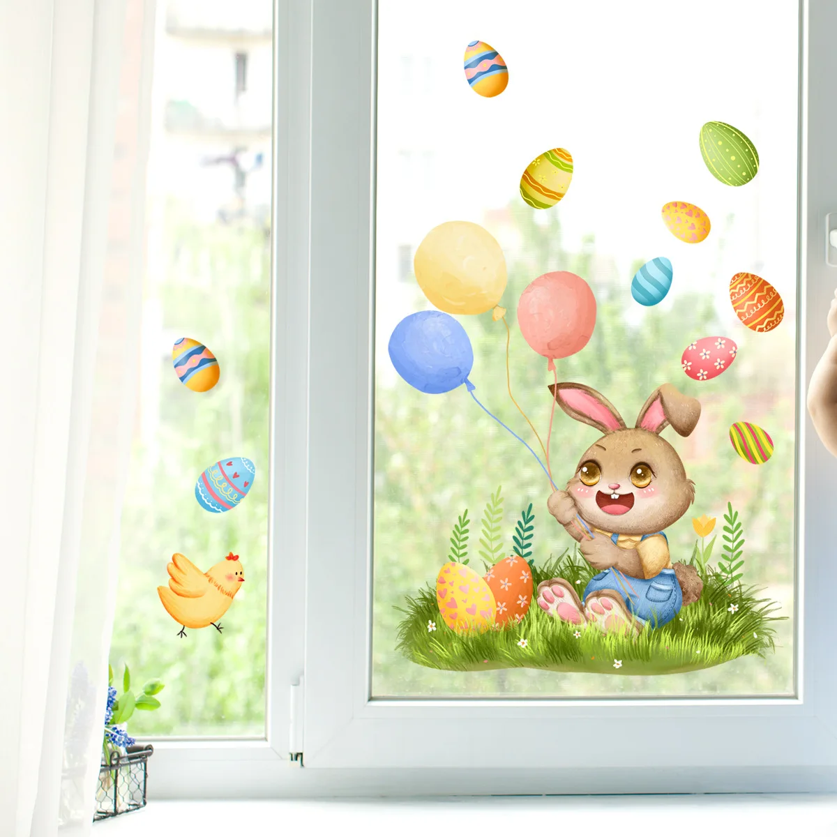 30*60cm Rabbit Balloon Egg Easter Cartoon Wall Sticker Living Room Bedroom Study Restaurant Window Room Decorative Wall Sticker