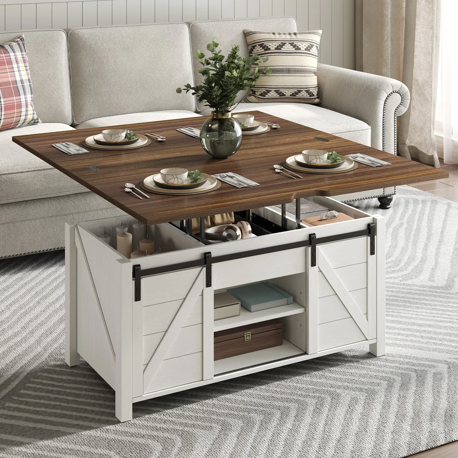 Farmhouse Lift Top Coffee Table with Sliding Barn Door,Rustic Center Table with Hidden Storage Compartment,Storage Coffee