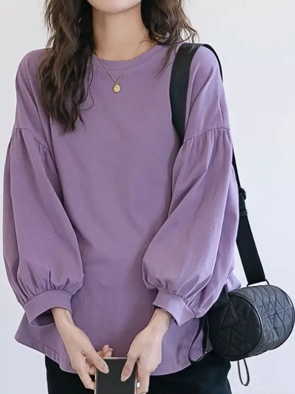 임산부용 긴팔 루즈핏 셔츠 라운드넥 랜턴 슬리브 이너웨어 스웨트셔츠 봄 가을 단색 티셔츠