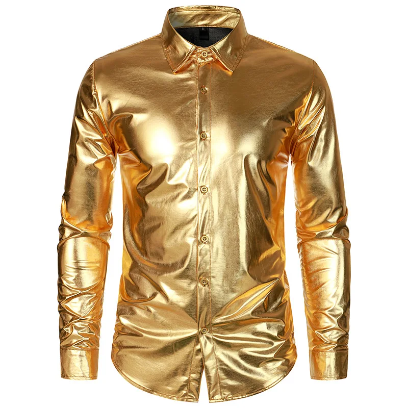 New Long Sleeved NightClub Party Shirt for Men Button Up Gold Shinny Stage Dress Shirts Costume Homme 2024 Hip Hop Shirt Outfits