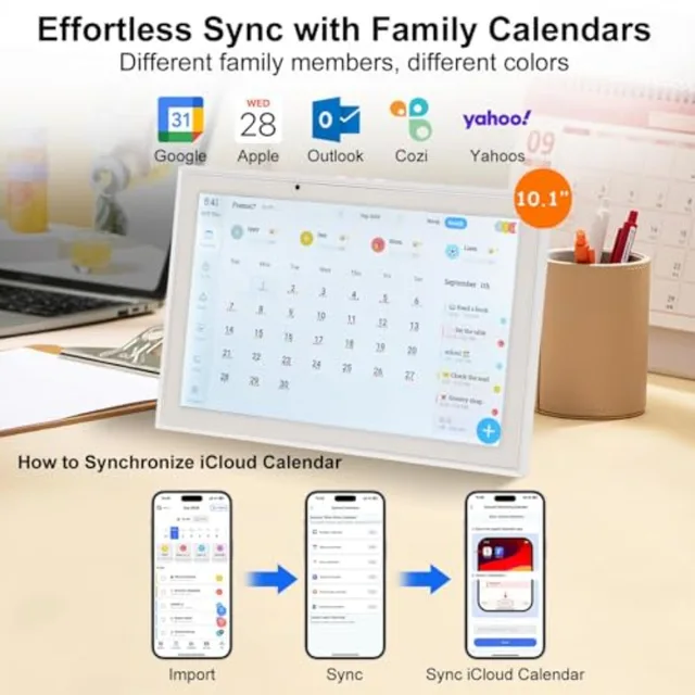 Digital Calendar 10.1'' WiFi Smart Family Calendar, Sync with Google, Apple and Outlook, Touchscreen Interactive Chore Chart an