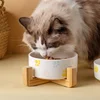 Ceramics Dog Bowl with Wood Mat Wide Mouth Feeding Bowls Food and Water Pet Feeder for Cat Puppy Protecting Cervical Spine 2