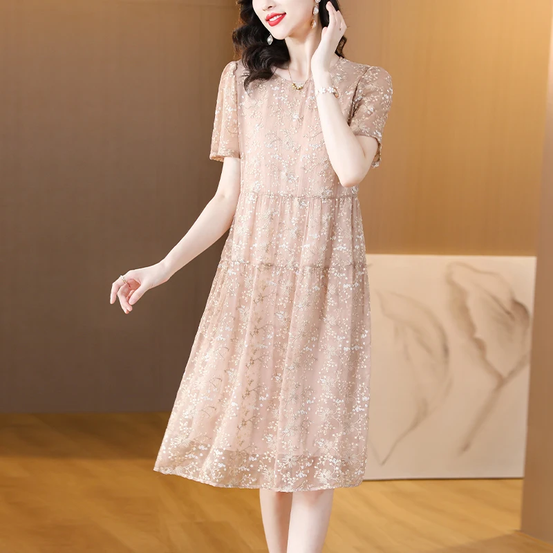 Spring Embroidery Jacquard Silk Long Sleeve Midi Dress Women Korean ...