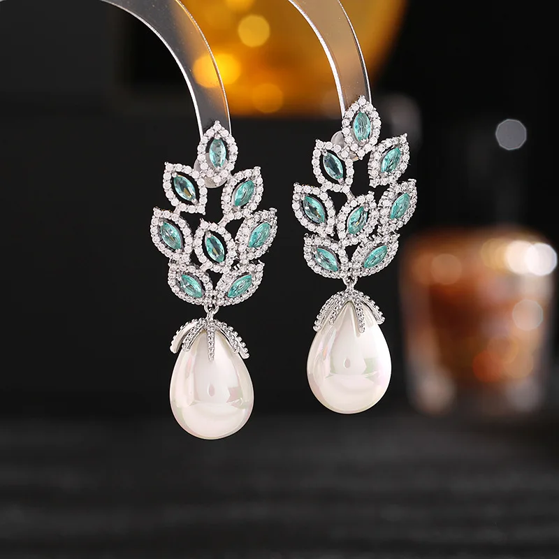 Leaf Water Drop Shaped Pearl Earrings For Wedding Or Party