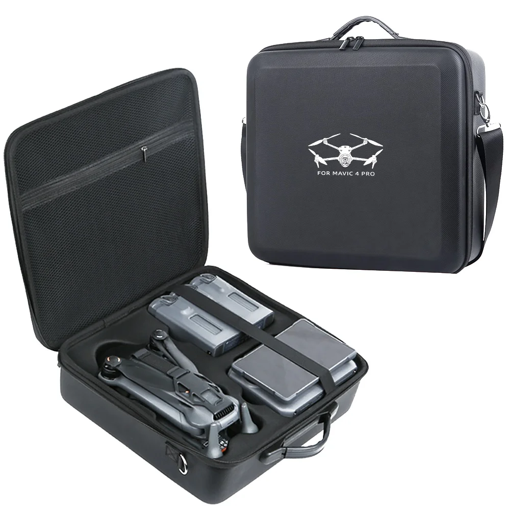 Sac de rangement pour drone DJI Mavic 4 Pro porté en bandoulière, avec poches accessoires sur le devant.