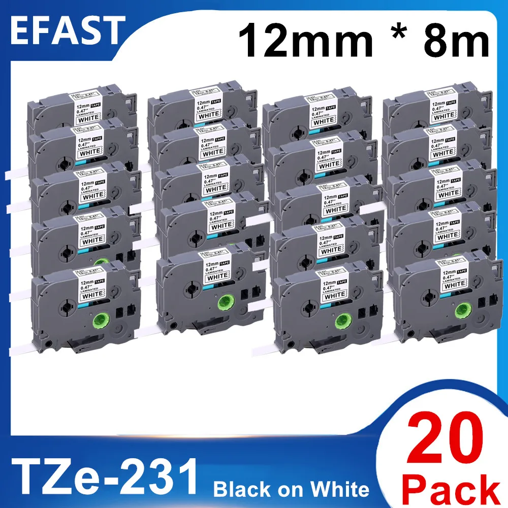 

20PK Labels 12mm Black on White For Brother Tze-231 Tze231 tze 231 tze231 Laminated P-Touch Maker PT-D200 PT-D210 PTH100 PT-D400