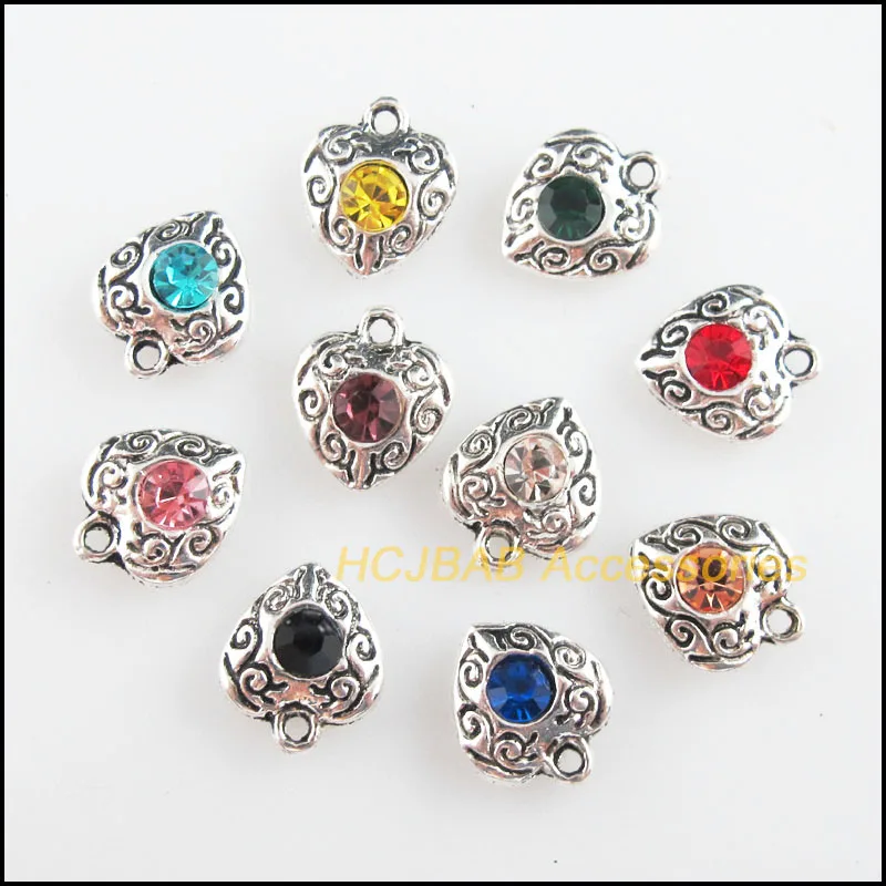 

Fashion 20Pcs Tibetan Silver Plated Retro Heart Mixed Crystal Charms Pendants 10x11.5mm