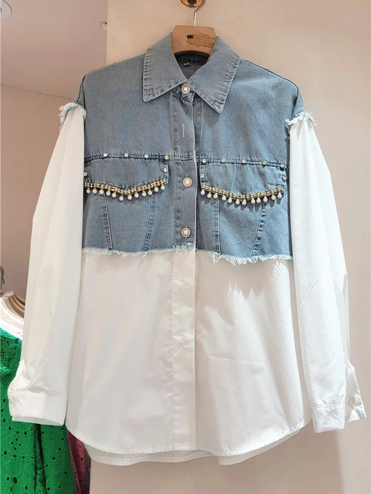 

Long Sleeved Women's Clothing Big Size Shirt 2023 Autumn New Denim Patchwork Design Beautiful Tops fake two pieces blouse X054