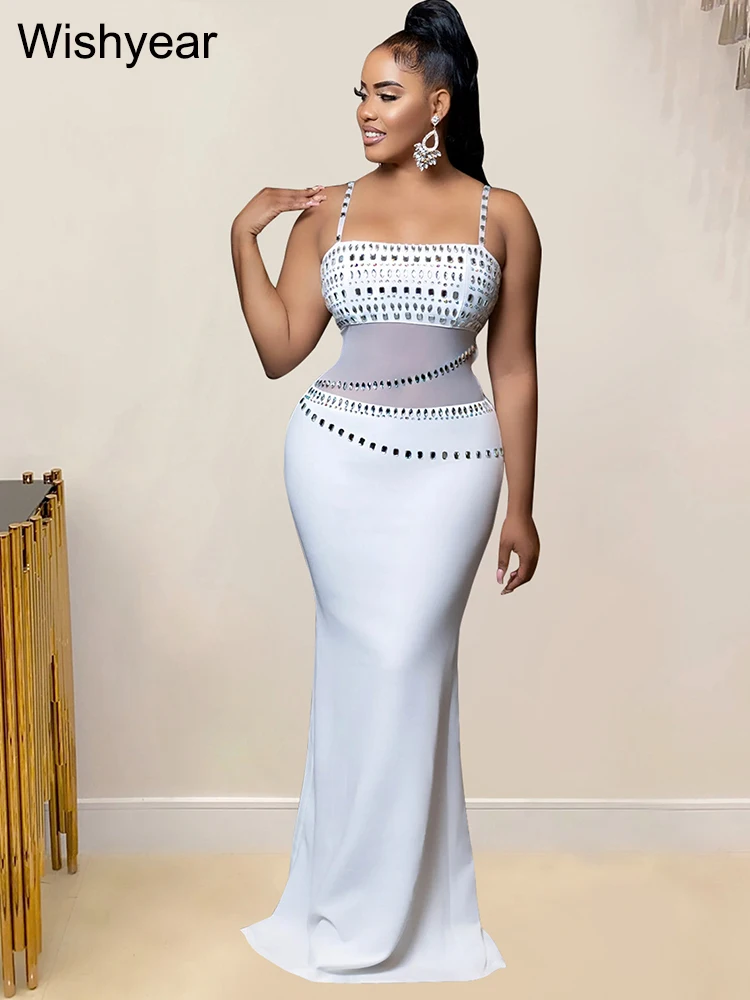 

Wishyear Luxury White Rhinestone Mesh See Through Spaghetti Strap Evening Dress Women Sexy Birthday Bodycon Festival Vestidos
