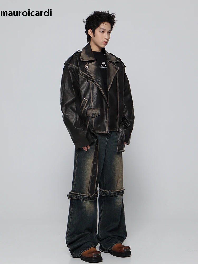 Mauroicardi Spring Cool Handsome Vintage Distressed Black Pu Leather Biker jacket Men Belt Zipper Loose Unisex Clothes 2024 6