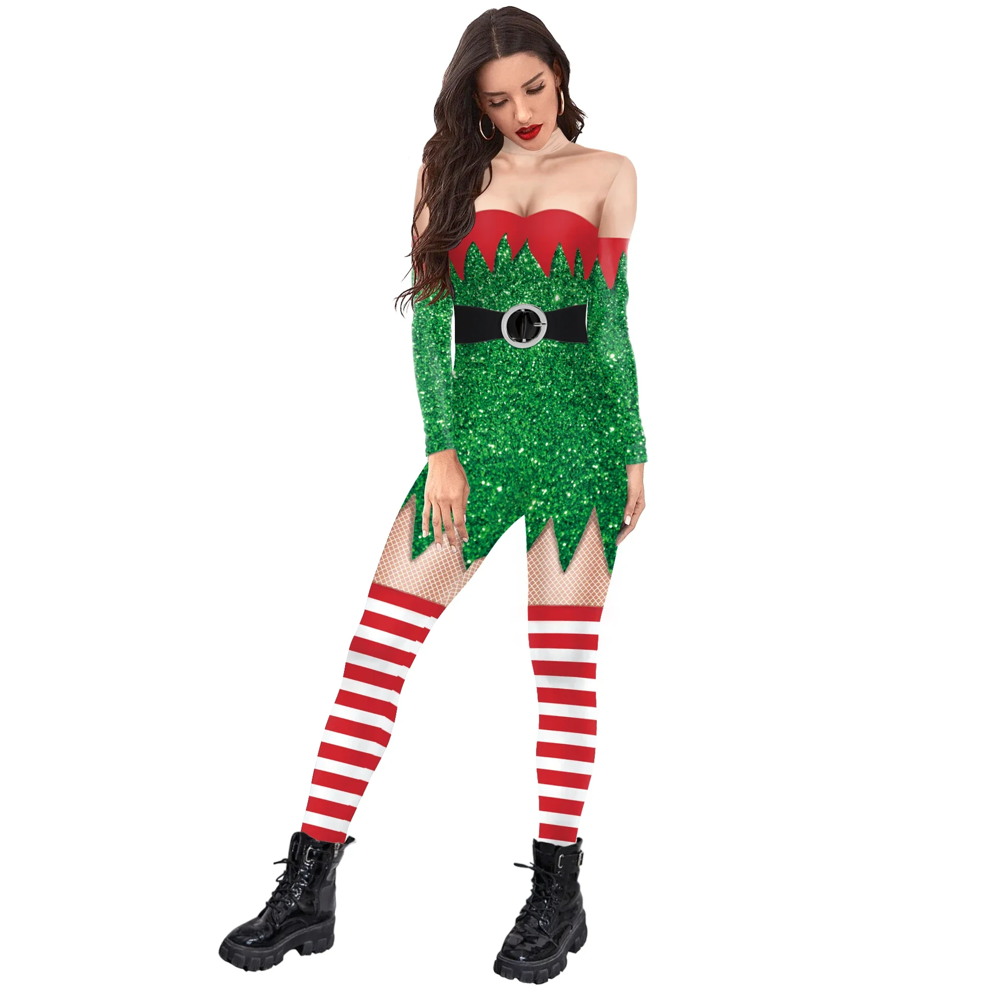 Xmas Elf Jumpsuit Christmas Cosplay Costume 3D Printing Bodysuit Party Circus Troupe Women Zentai Festival Skinny Jumpsuit