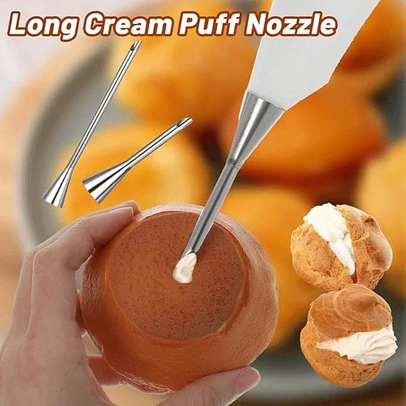 3Pc Cream Piping Nozzle Stainless Steel Long Puff Cake Donuts, Pastries, Syringes, Cakes, Desserts, Baking Accessories