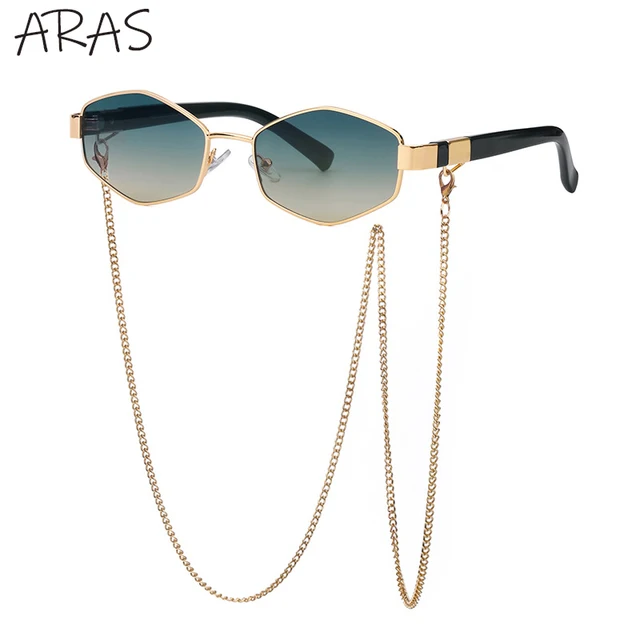 2022 Trendy Retro Hexagon With Chain Sunglasses Women Unique  Polygon Brand Designer Sun Glasses For Female Small Frame Eyewear Green Yellow